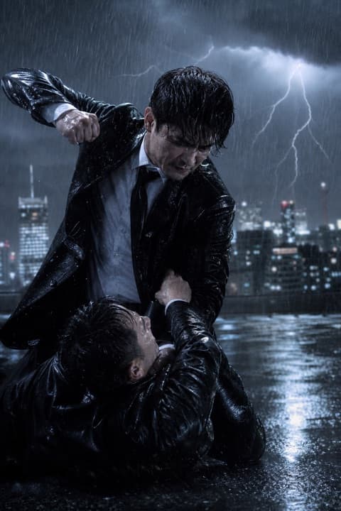 An action scene in the rain