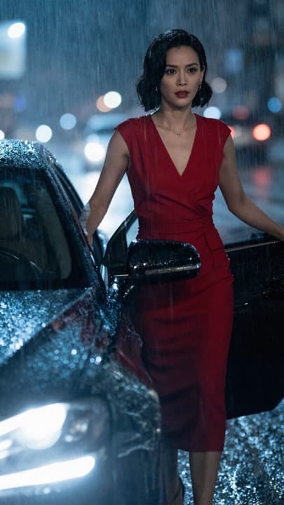 A woman in a red dress on a rainy night