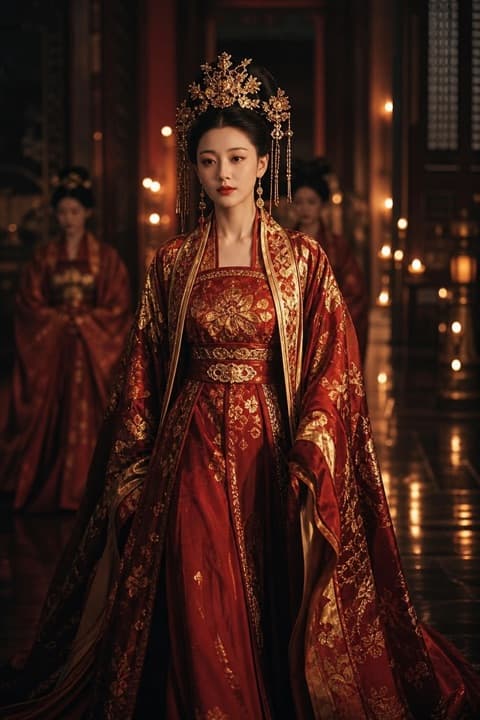 A woman in traditional red clothing inside a palace