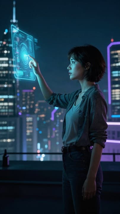 A person using a digital screen in a futuristic city
