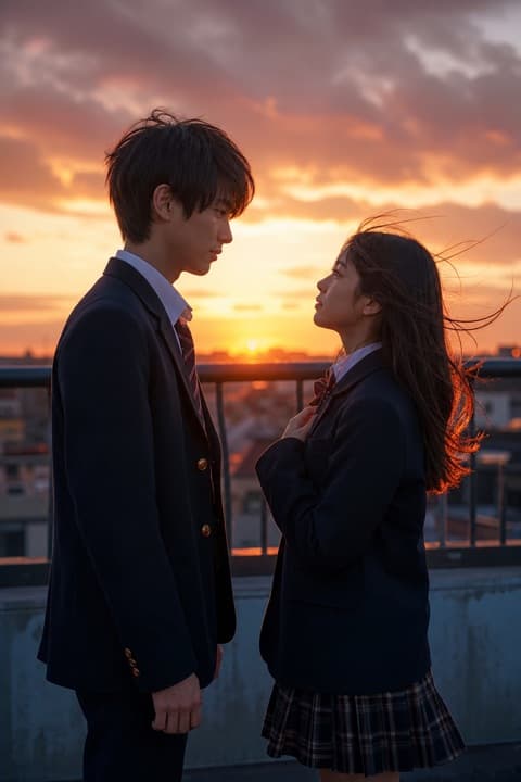 Two people facing each other at sunset